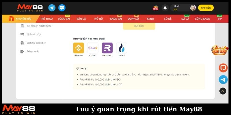 Lưu ý quan trọng khi rút tiền May88